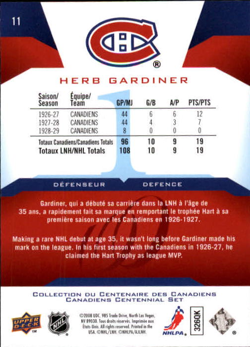2008-09 Upper Deck Montreal Canadiens Centennial #11 Herb Gardiner back image