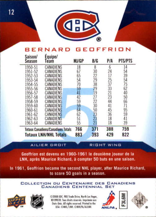 2008-09 Upper Deck Montreal Canadiens Centennial #12 Bernard Geoffrion back image