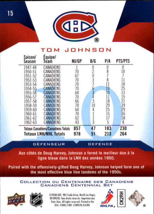 2008-09 Upper Deck Montreal Canadiens Centennial #15 Tom Johnson back image
