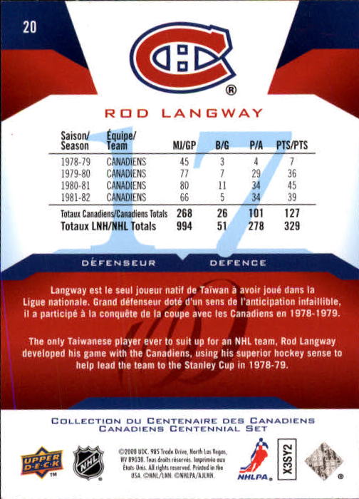 2008-09 Upper Deck Montreal Canadiens Centennial #20 Rod Langway back image