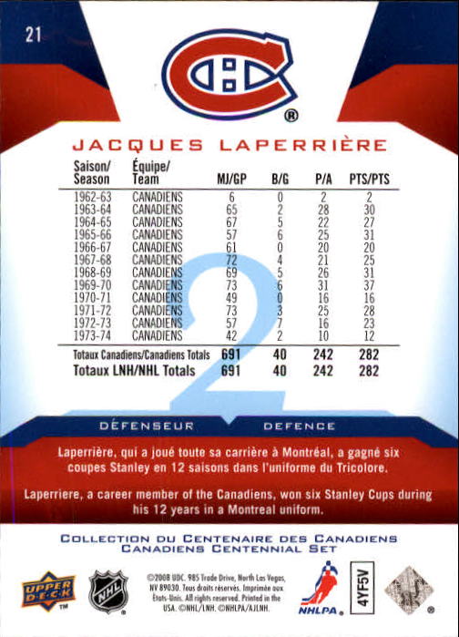 2008-09 Upper Deck Montreal Canadiens Centennial #21 Jacques Laperriere back image