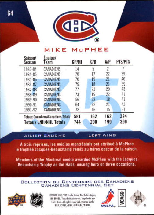 2008-09 Upper Deck Montreal Canadiens Centennial #64 Mike McPhee back image