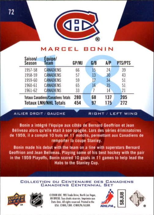 2008-09 Upper Deck Montreal Canadiens Centennial #72 Marcel Bonin back image