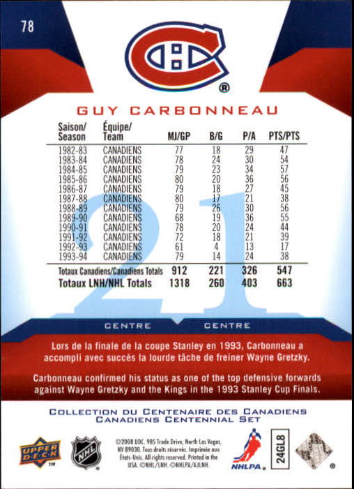 2008-09 Upper Deck Montreal Canadiens Centennial #78 Guy Carbonneau back image