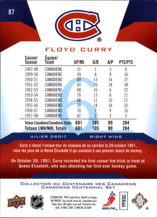 2008-09 Upper Deck Montreal Canadiens Centennial #87 Floyd Curry back image