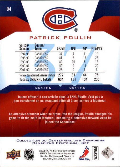 2008-09 Upper Deck Montreal Canadiens Centennial #94 Patrick Poulin back image