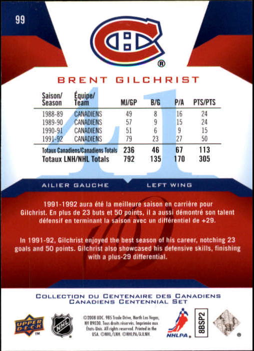 2008-09 Upper Deck Montreal Canadiens Centennial #99 Brent Gilchrist back image
