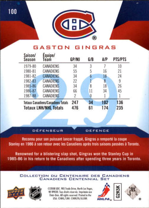 2008-09 Upper Deck Montreal Canadiens Centennial #100 Gaston Gingras back image