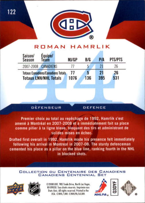 2008-09 Upper Deck Montreal Canadiens Centennial #122 Roman Hamrlik back image