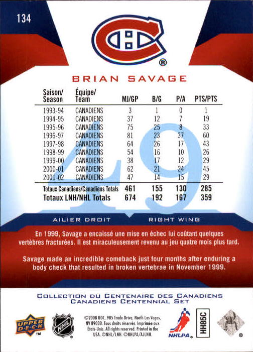 2008-09 Upper Deck Montreal Canadiens Centennial #134 Brian Savage back image