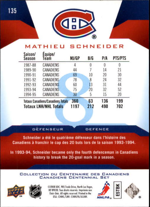 2008-09 Upper Deck Montreal Canadiens Centennial #135 Mathieu Schneider back image