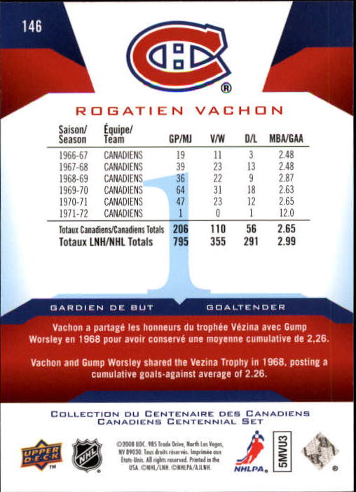 2008-09 Upper Deck Montreal Canadiens Centennial #146 Rogie Vachon back image