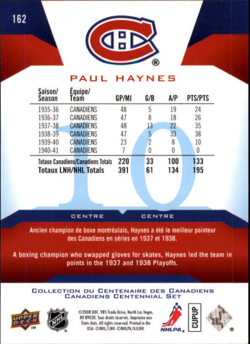 2008-09 Upper Deck Montreal Canadiens Centennial #162 Paul Haynes back image