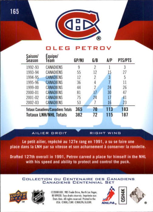 2008-09 Upper Deck Montreal Canadiens Centennial #165 Oleg Petrov back image