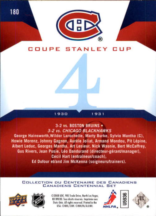 2008-09 Upper Deck Montreal Canadiens Centennial #180 Coupe Stanley Cup back image