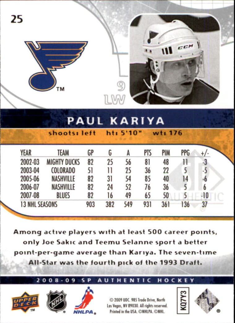 2008-09 SP Authentic #25 Paul Kariya back image