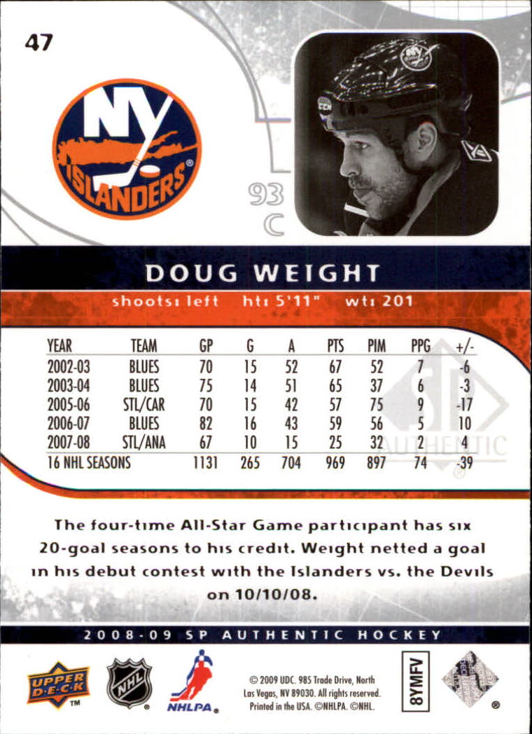 2008-09 SP Authentic #47 Doug Weight back image