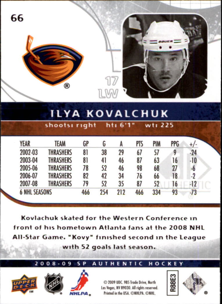 2008-09 SP Authentic #66 Ilya Kovalchuk back image
