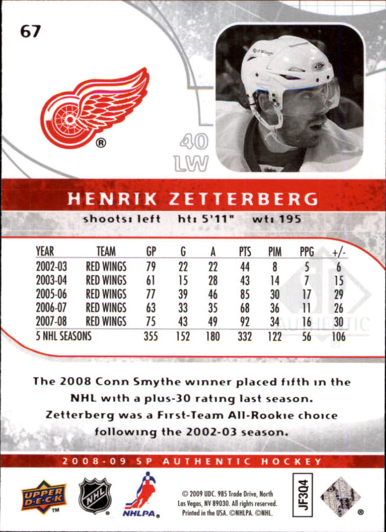2008-09 SP Authentic #67 Henrik Zetterberg back image