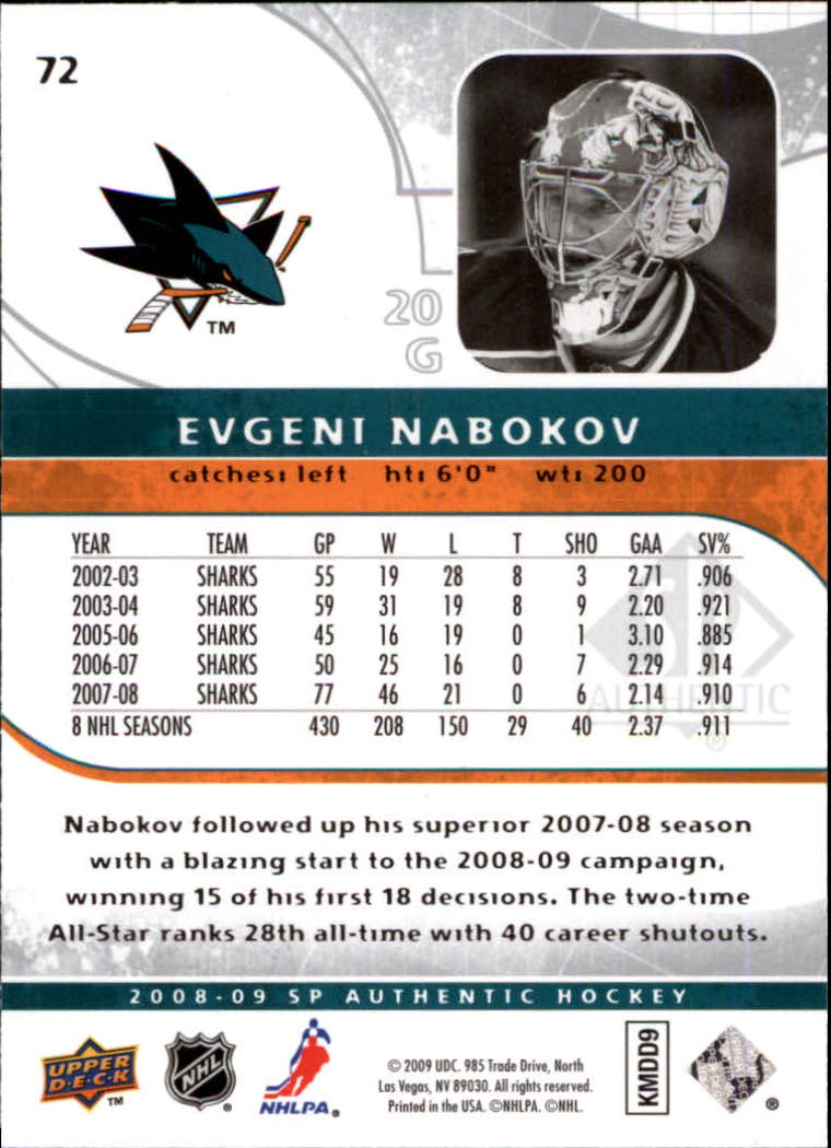 2008-09 SP Authentic #72 Evgeni Nabokov back image