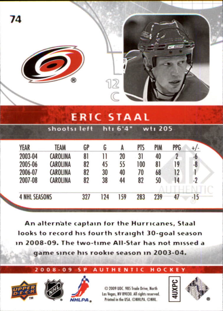 2008-09 SP Authentic #74 Eric Staal back image