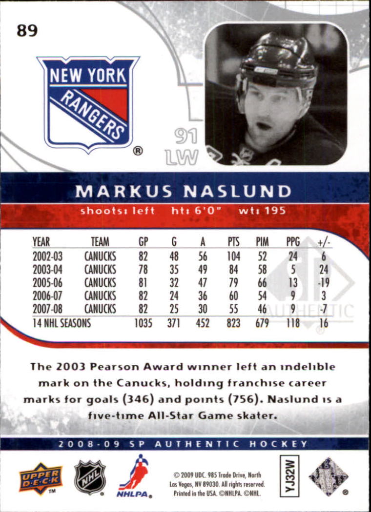 2008-09 SP Authentic #89 Markus Naslund back image
