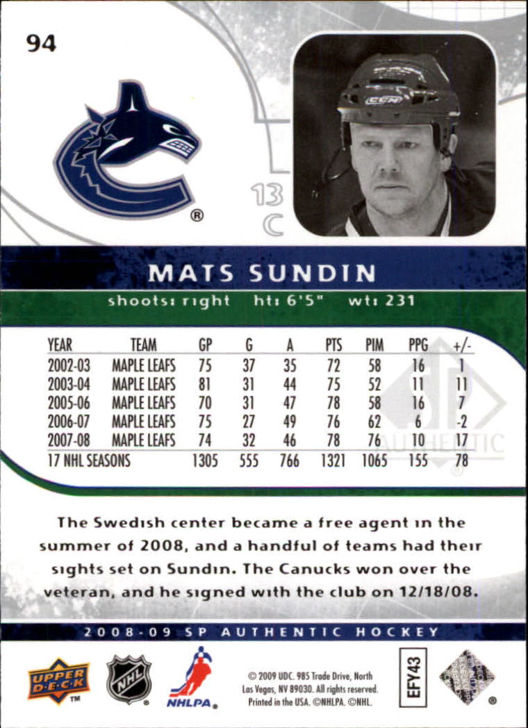 2008-09 SP Authentic #94 Mats Sundin back image