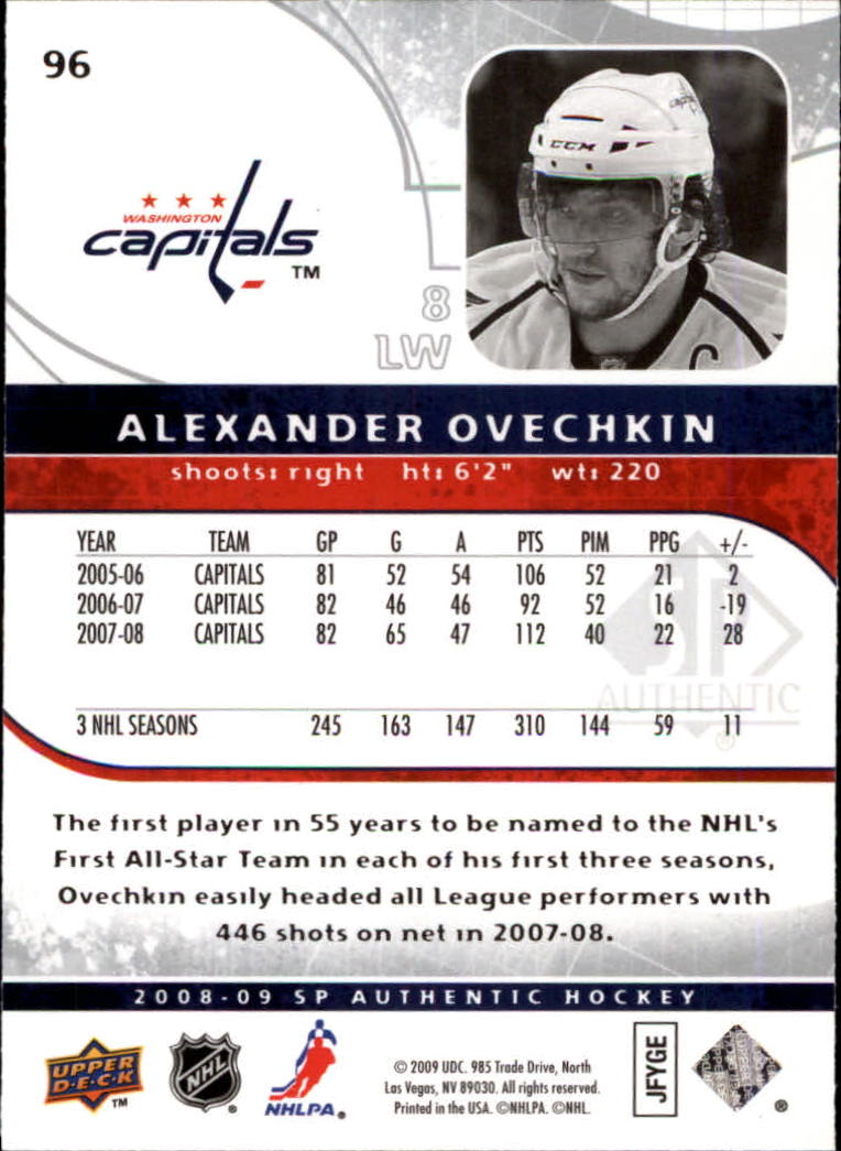 2008-09 SP Authentic #96 Alexander Ovechkin back image