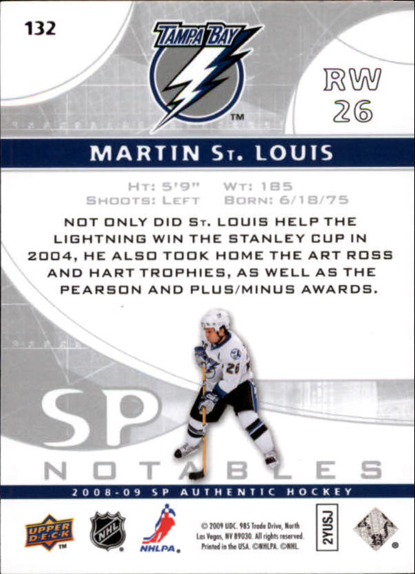 2008-09 SP Authentic #132 Martin St. Louis N back image