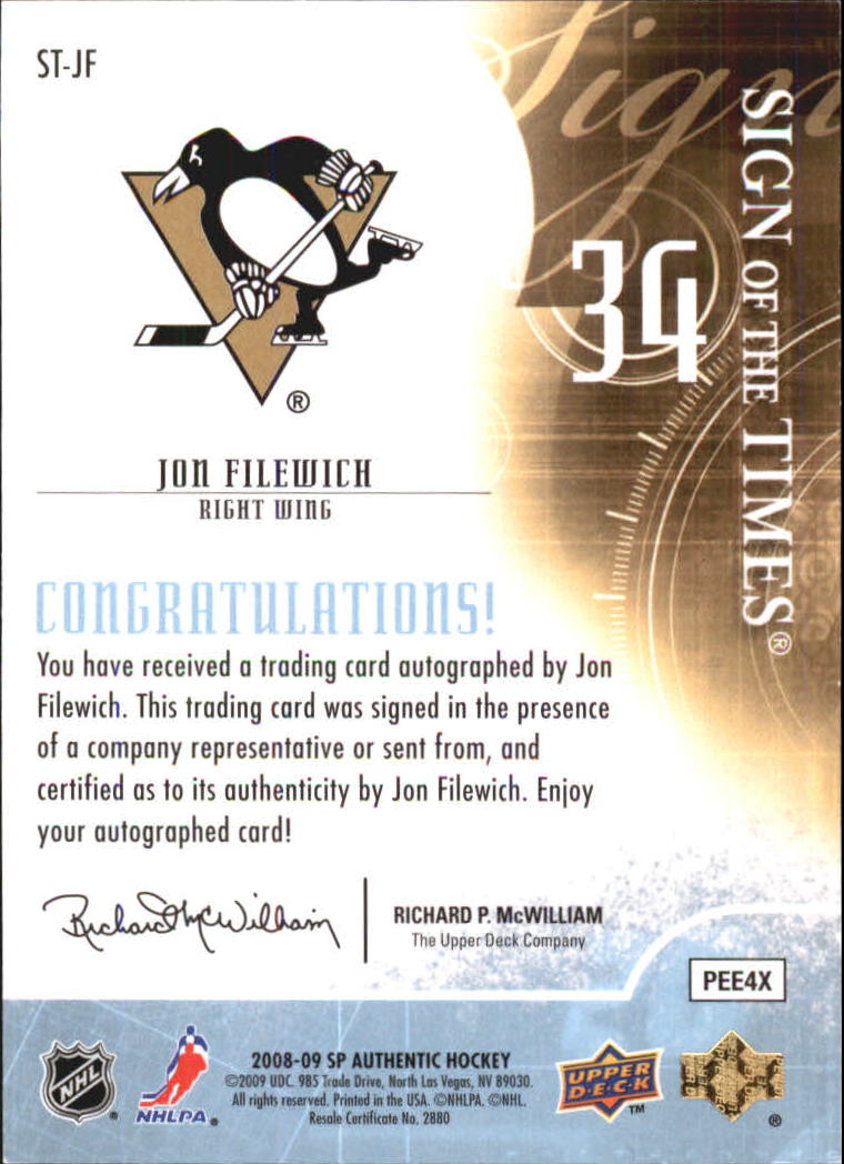 2008-09 SP Authentic Sign of the Times #STJF Jon Filewich back image