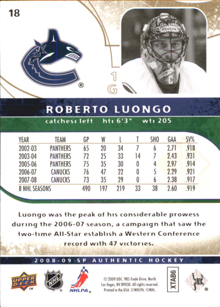 2008-09 SP Authentic Limited #18 Roberto Luongo back image