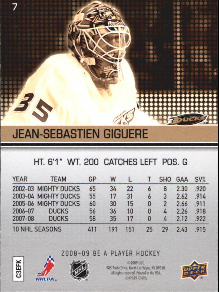 2008-09 Be A Player #7 Jean-Sebastien Giguere back image