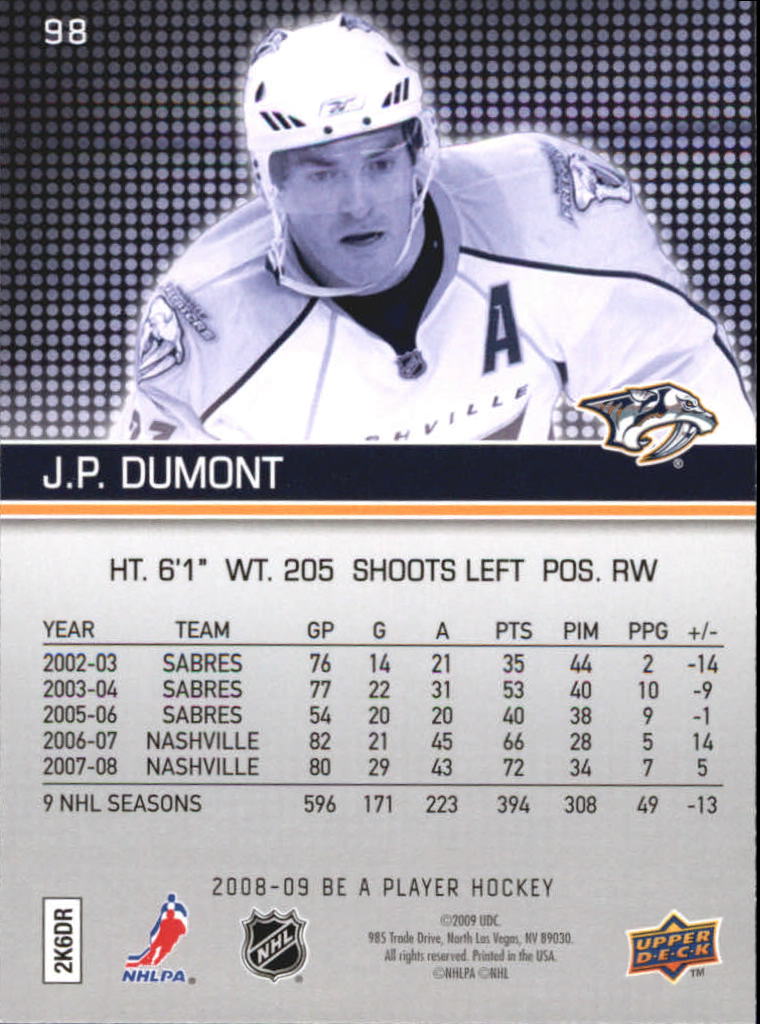 2008-09 Be A Player #98 J.P. Dumont back image