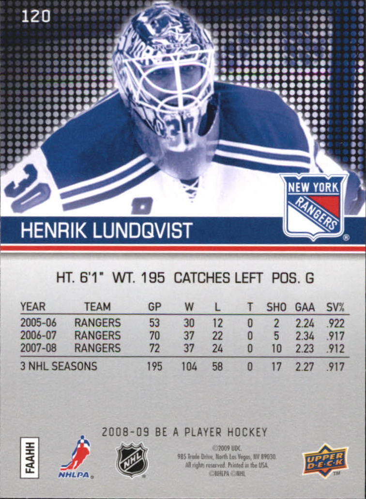 2008-09 Be A Player #120 Henrik Lundqvist back image