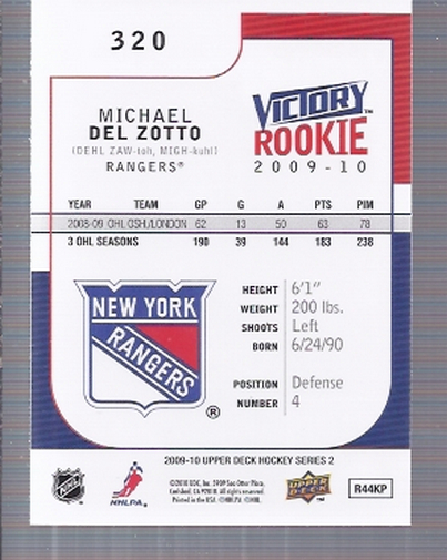 2009-10 Upper Deck Victory #320 Michael Del Zotto RC back image