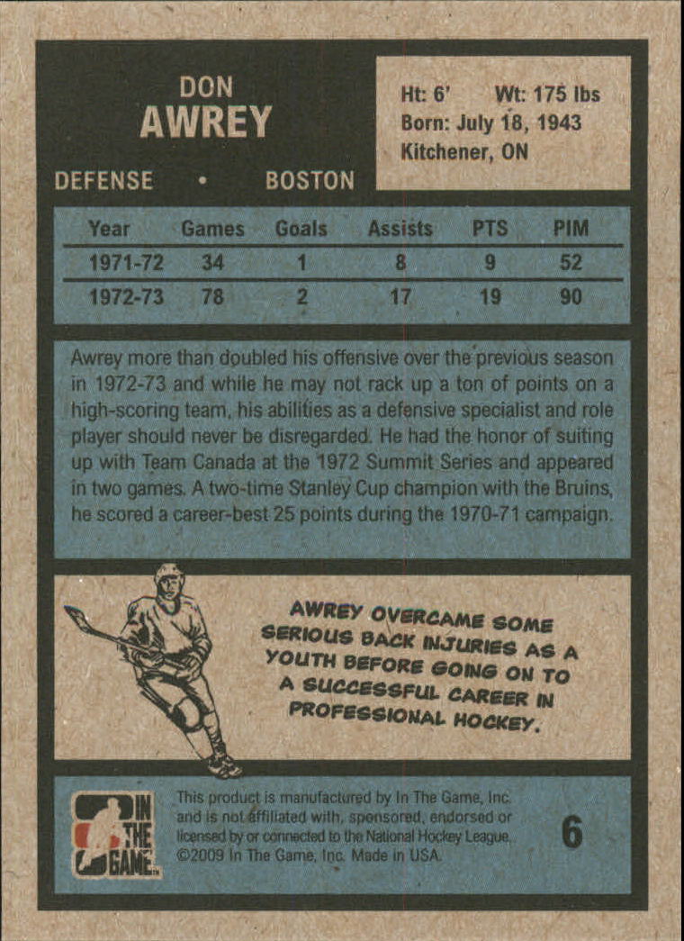 2009-10 ITG 1972 The Year In Hockey #6 Don Awrey back image