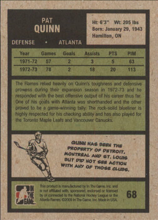 2009-10 ITG 1972 The Year In Hockey #68 Pat Quinn back image