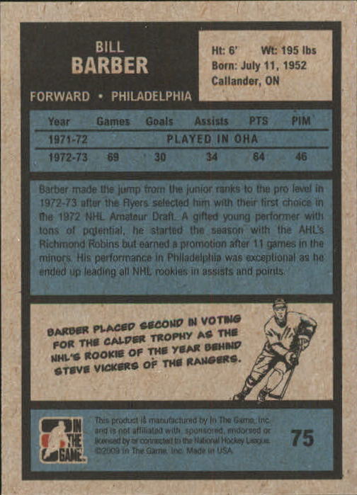 2009-10 ITG 1972 The Year In Hockey #75 Bill Barber back image