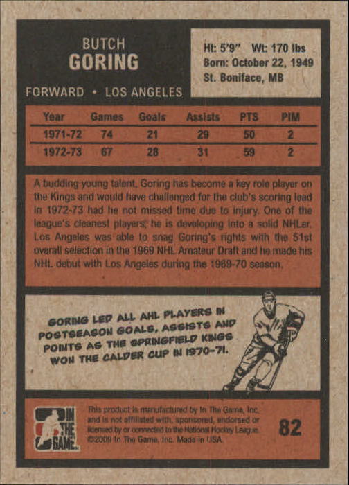 2009-10 ITG 1972 The Year In Hockey #82 Butch Goring back image