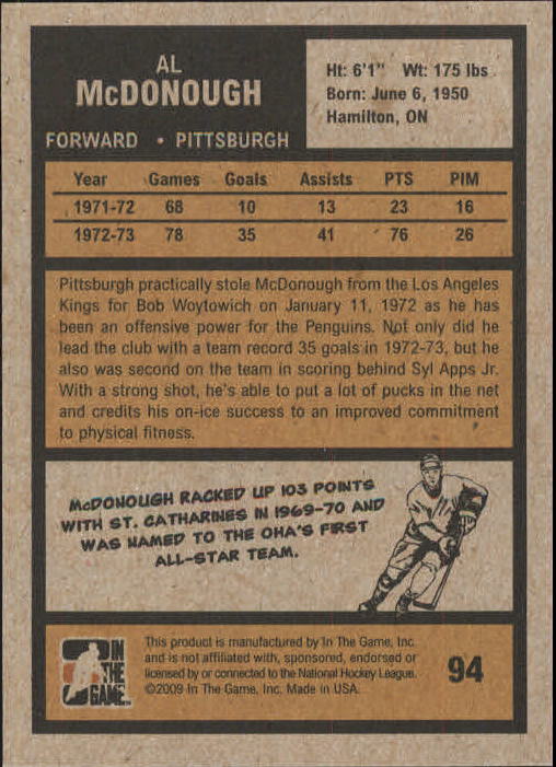 2009-10 ITG 1972 The Year In Hockey #94 Al McDonough back image