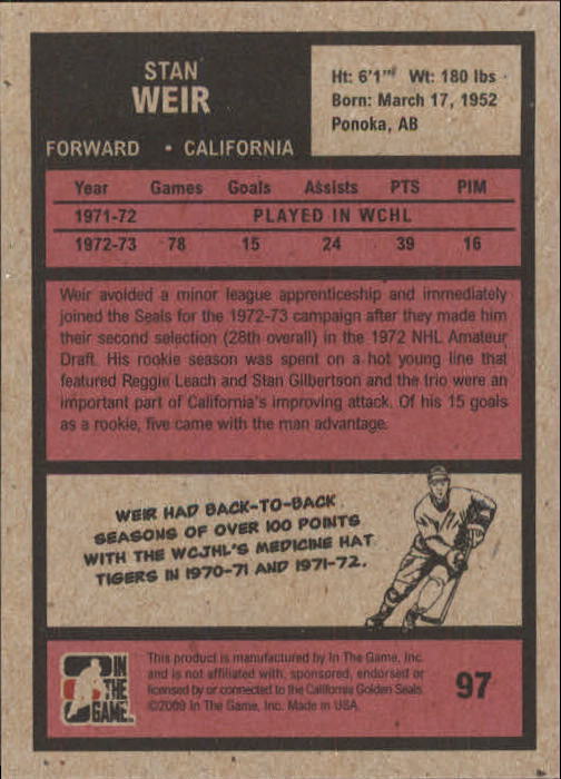 2009-10 ITG 1972 The Year In Hockey #97 Stan Weir back image