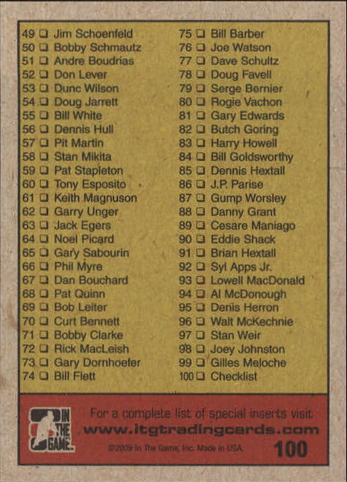 2009-10 ITG 1972 The Year In Hockey #100 Checklist back image