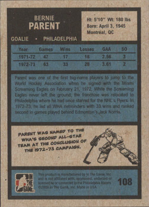 2009-10 ITG 1972 The Year In Hockey #108 Bernie Parent back image