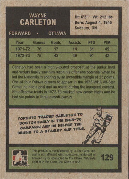 2009-10 ITG 1972 The Year In Hockey #129 Wayne Carleton back image