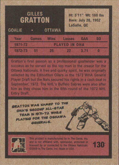 2009-10 ITG 1972 The Year In Hockey #130 Gilles Gratton back image