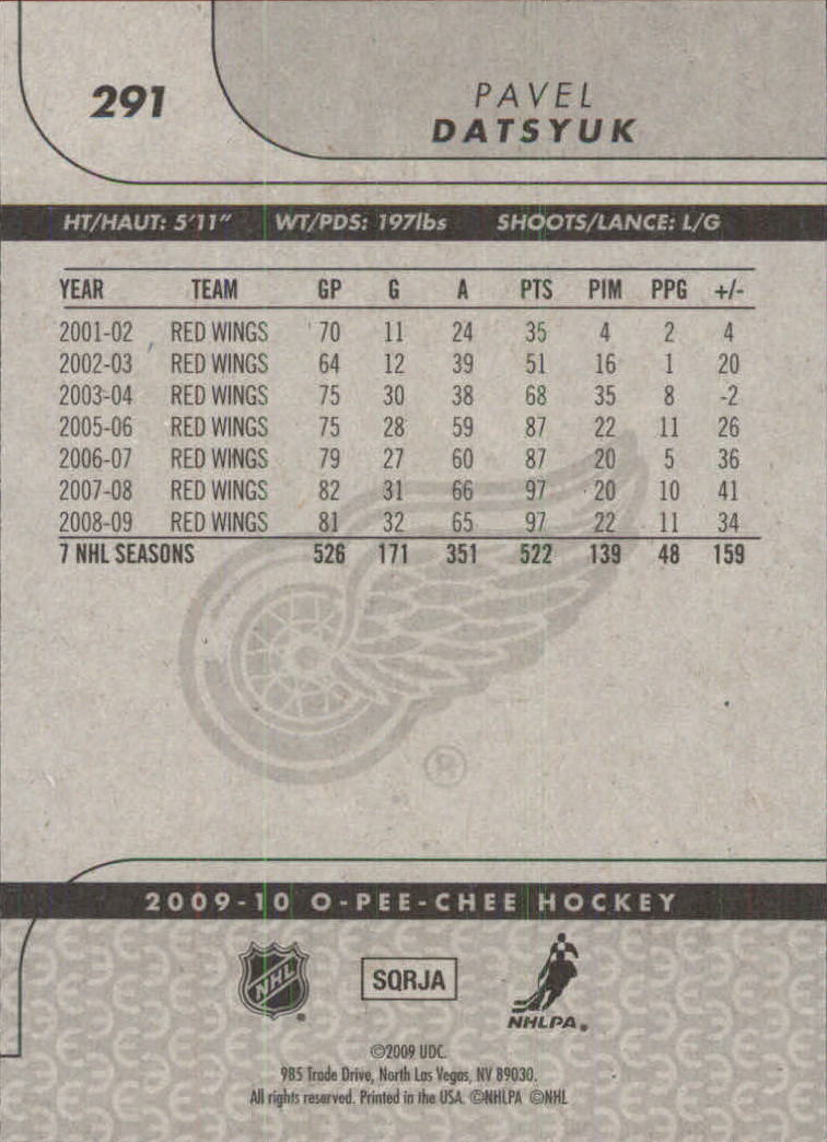 2009-10 O-Pee-Chee #291 Pavel Datsyuk back image
