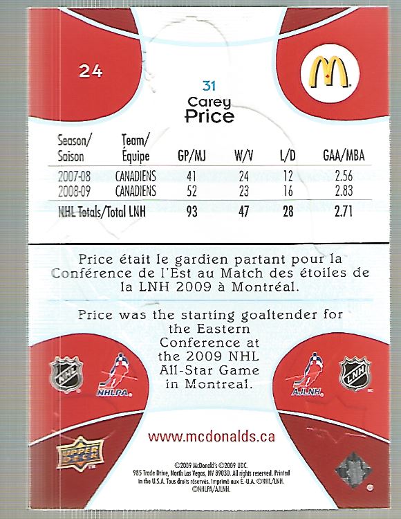 2009-10 McDonald's Upper Deck #24 Carey Price back image