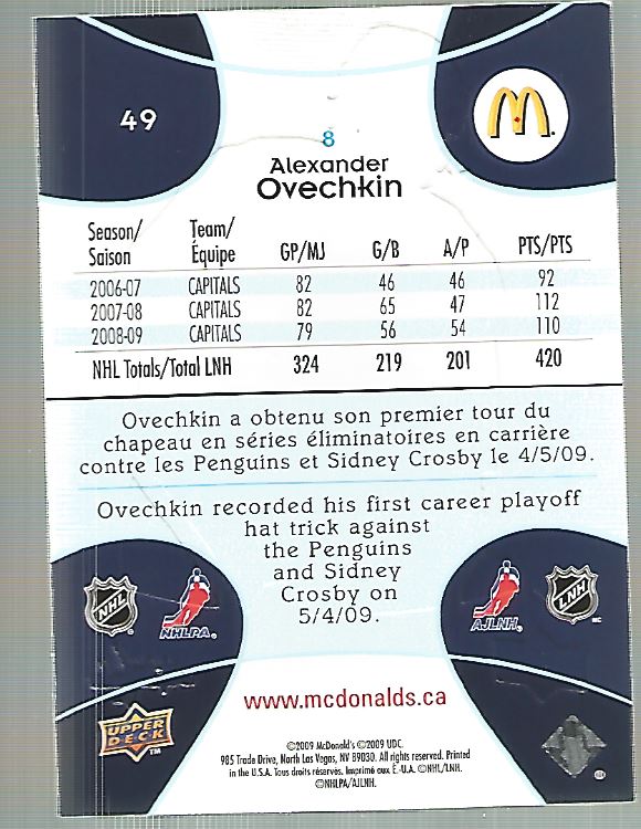 2009-10 McDonald's Upper Deck #49 Alexander Ovechkin back image