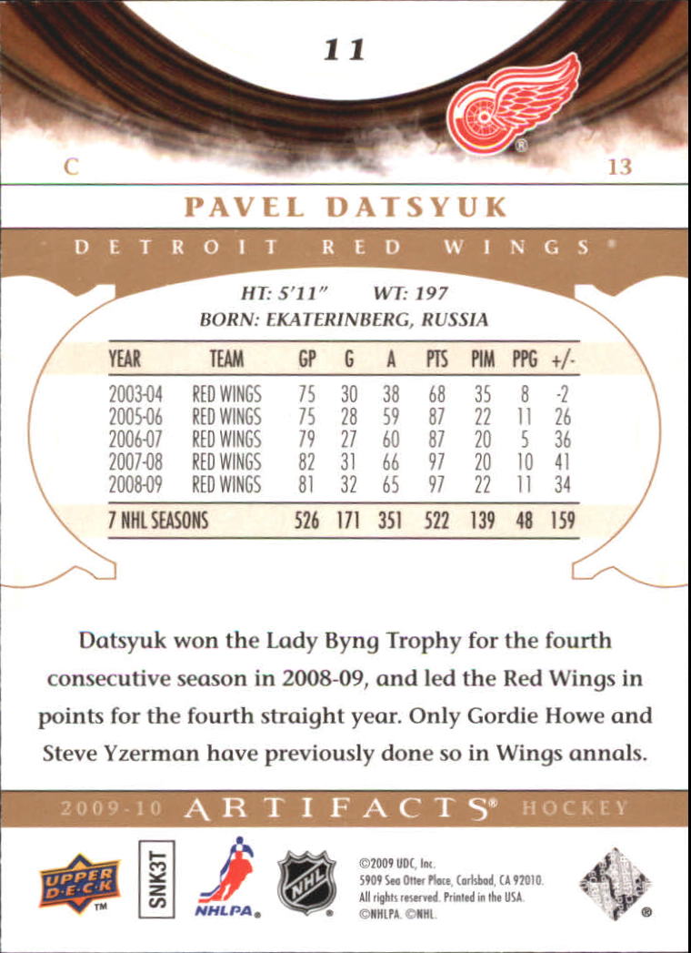 2009-10 Artifacts #11 Pavel Datsyuk back image