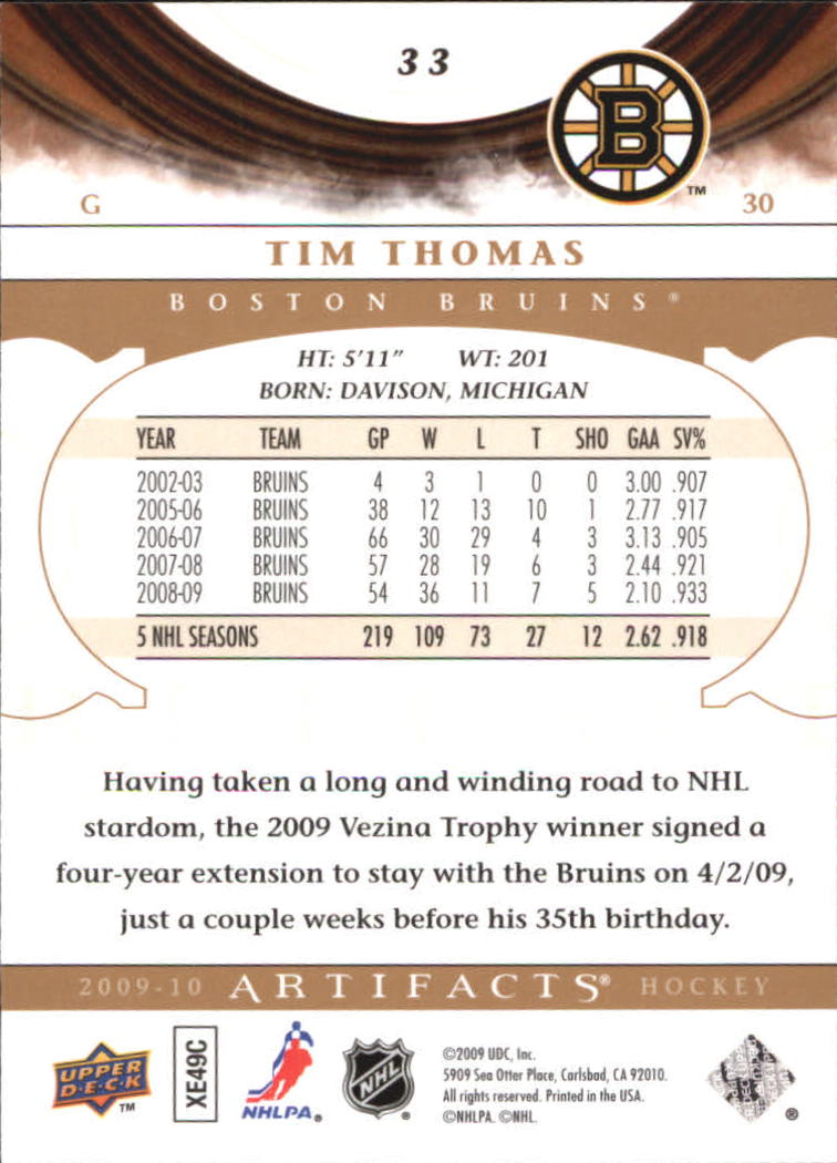 2009-10 Artifacts #33 Tim Thomas back image